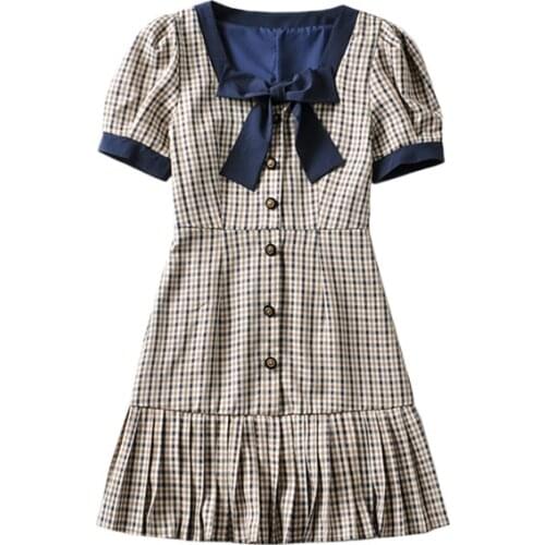 Girls' plaid stitching skirt French retro college style bubble sleeves age-reducing bow slim dress DLqz2246