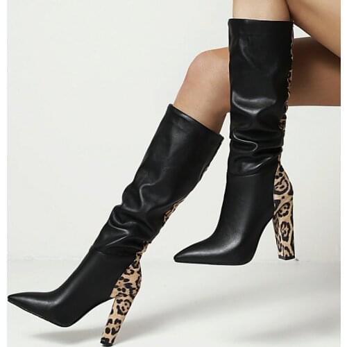 Sexy Leopard Pleated Women Knee High Boots Fashion Slip On Pointed Toe Long Boots Autumn Winter Square High Heel Womens Shoes