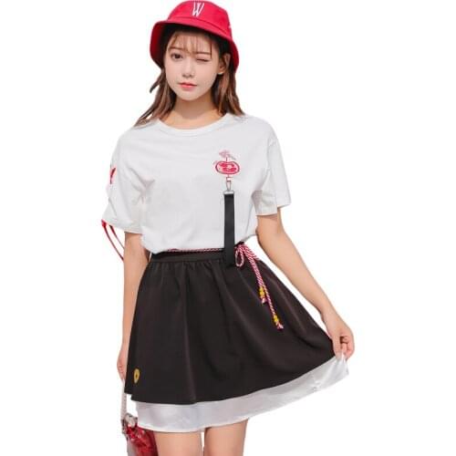 YUPINCIAGA Women Sets Two-piece Suit Ccartoon Alphabet Flower Band Embroidery Pendant Short Sleeve T-shirt Lace Up Mini Skirt