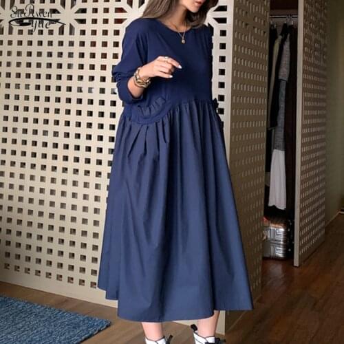 Spring Fake Two Piece Knit Dress Women Plus Size XL-5XL Ladies Long Sleeve Ruffle Pocket O Neck Shirt Dress Vestidos Mujer 13345