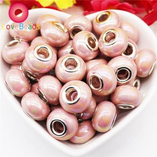 10Pcs Round Rondelle Big Hole Spacer Beads with Silver Plate Cores Murano Charms Fit Pandora Bracelet Snake Chain Jewelry Making