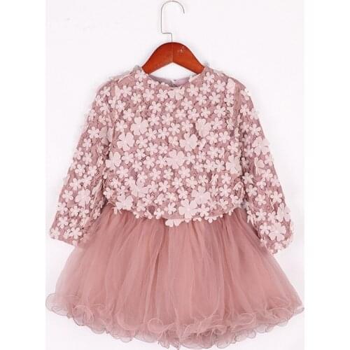 2020 Girls Dress Spring and Autumn New Style Girls Long Sleeve Lace Skirt Gauze Princess Dress Stereo Petal Skirts