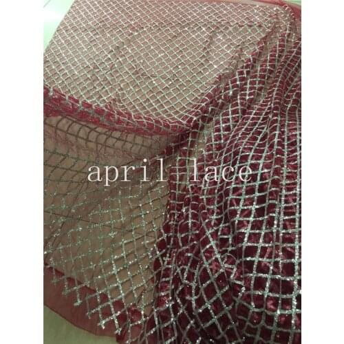 5 yards bzh011 wine red mesh silver glitter grid glued sparkle glitter mesh net tulle lace fabric for sawing /evening dress