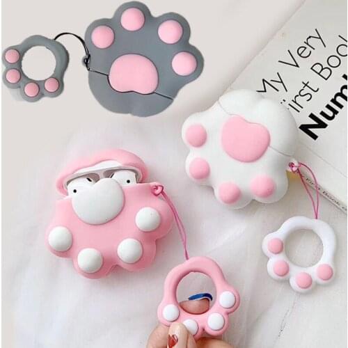 For AirPods Case 3D Cute Cat Paws Wireless Earphone Headphone Cover Kawaii Claw Shell for Airpods 2 with Finger Ring Strap