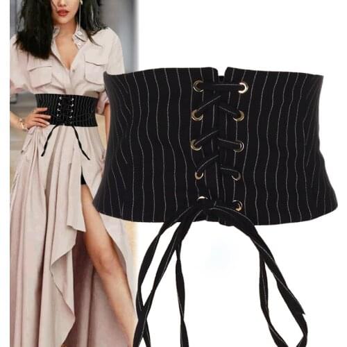 European Brand Designer Striped Black Bandage Fabric Corset Waistband Zipper Self-tie Bow Waist Belt Elegant Ladies Girdle Belt