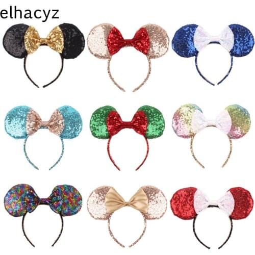 10Pcs Large Mouse Ears Headband Bow Headwear Festival Hair Accessories Hairband Christmas Sequin Hair Bows For Girls Women Gift