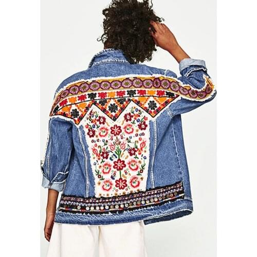 KIYUMI 2019 Autumn New Boho Denim Jacket Coat Floral Embroidery Beading Loose Long Sleeve Turn-down Neck Coat Women Denim Jacket