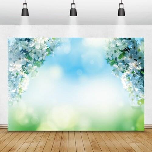Laeacco Vinyl Photography Backdrop Blue Sky Spring Flowers Polka Dots Light Bokeh Photocall Baby Shower Background Photo Studio