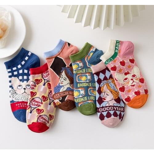 Japanese Style Kawaii Cartoon Woman Socks Cotton Thin with Cute Cat Funny Ankle Socks Women for Spring Summer Autumn 42501