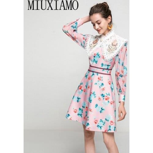 MIUXIMAO 2021 Spring Mini Dress Runway Flower Print Fashion Vintage Elegant Chic Lace Embroidery Beading Casual Dress Vestido