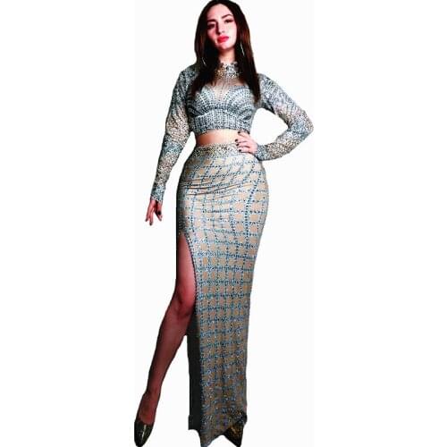 Fashion Silver Rhinestones Long Dress Stretch Spandex Dress Singer Dance Celebrate Dress Costume Prom Women Stone Dress