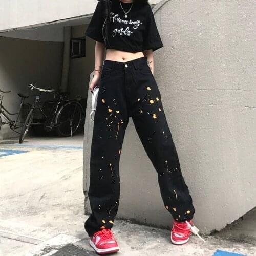 2021 Korean fashion mens and womens high street loose fried street splashed ink straight jeans men and women wide-leg trousers
