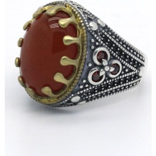 Natural Onyx Men Ring 925 Sterling Silver Oval Big Red Stone Rings Vintage Gorgeous Antique Design for Women Turkish Jewelry