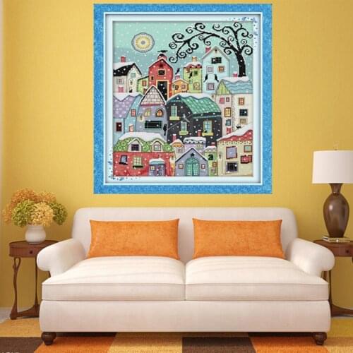 14CT 40x48cm Snow Street Scenery Stamped Cross Stitch Kit DIY Handmade Needlework for Beginners Kids Adults