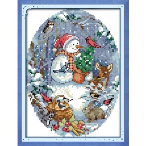 Joy Sunday The Snowmans Friends Cartoon Cross Stitch Printed On Canvas Embroidery Needlework Kit New Year Decoration Christmas