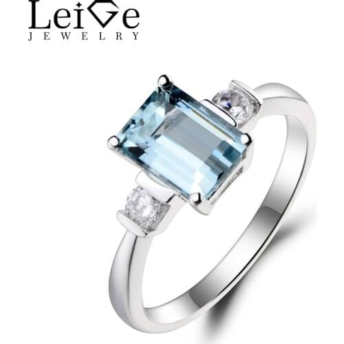 Leige Jewelry Natural Aquamarine Ring Wedding Ring Emerald Cut Blue Gemstone March Birthstone 925 Sterling Silver for Women