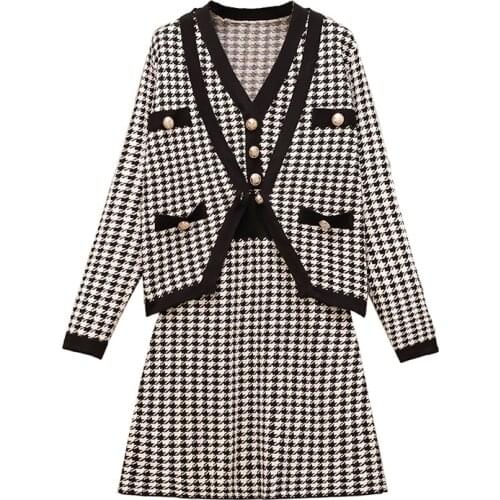 PERHAPS U Women Knitted Sleeveless Dress Mini Dress Two Pieces Set Cardigan Houndtooth Black White V Neck T0452
