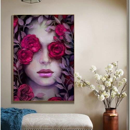 Pink Color Painted Flower Woman Girl Posters And Prints Abstract Canvas Decorative Paintings On The Wall Art Pictures Wall Decor