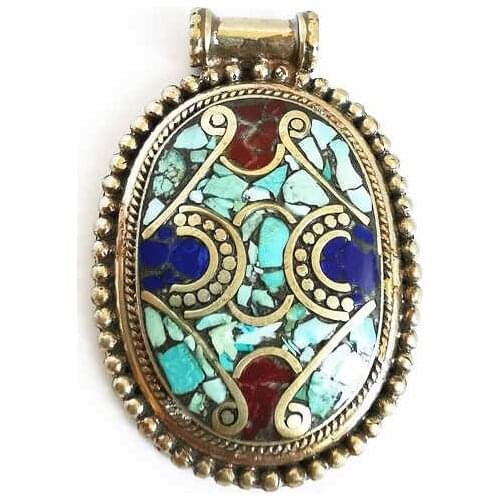 Tibetan Jewery Copper Inlaid Colorful Stone Oval Big Pendants Ethnic Fashion Vintage Jewel TBP357