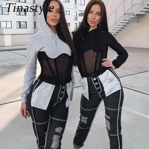 Tinastyle Mesh Patchwork Hoodies Women Sweatshirt Casual Long Sleeve Zipper Hooded Tops Autumn Winter Slim Pullovers Sweatshirts