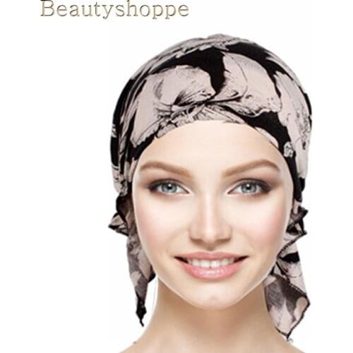 Ew Muslim Women Floral Print Pre-Tied Turban Hat Cancer Chemo Beanies Caps Headwear Head Wrap Bonnet Hair Loss Accessories