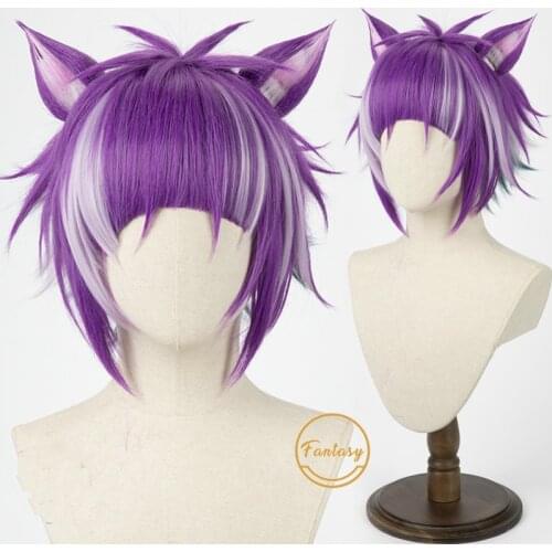Twisted Wonderland Chenya Cosplay Halloween Party Heat Resistant Synthetic Short Purple Wig Hair + Free Wig Cap+Ear