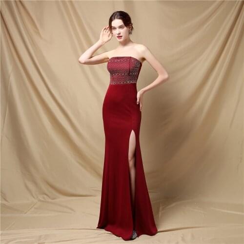 XUCTHHC 2021 New Hot Drilling Off Shoulder Dress Sexy Strapless Slit Evening Dress Womens Party Maxi Dress Long Robe De Soriee