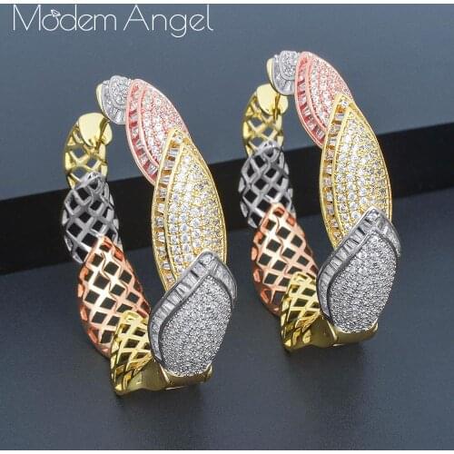 ModemAngel Full Micro Pave Zirconia Stone Gorgeous Three Tone Color CZ Crystal Women Long Big Earrings