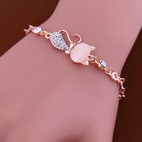 Lovely Cat Pendant Women Ladies Opal Rhinestone Bangle Bracelet Chain Jewelry 2020