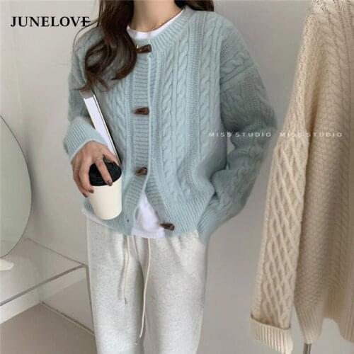 JuneLove Women Cardigan Sweater 2021 Spring Autumn Horn Button Long Sleeve Short Cropped Cardigan Female Knitted Jacket Coat