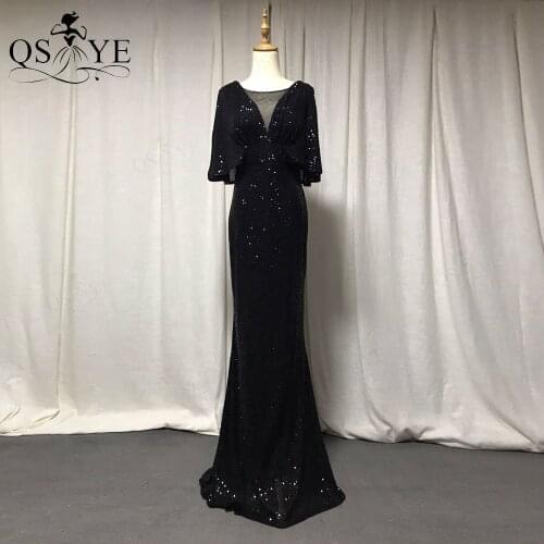 QSYYE Black Sequin Evening Dresses Mermaid Sexy V Neck Ruched Evening Gown Elegant Glitter Short Bat Sleeves Formal Party Dress