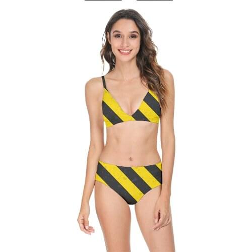 2021 Black+Yellow Bikini Stripe Printing Swimsuit Women Slimming Swimwear Sexy Classic Swimming Suit Summer Beach Bathing Suit
