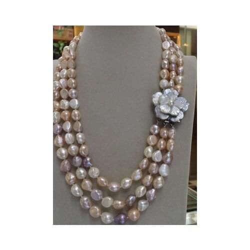 3 row purple baroque 9-10mm genuine freshwater pearl necklace