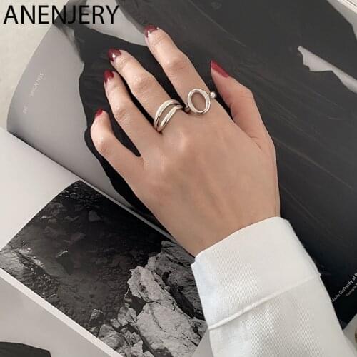 ANENJERY 925 Sterling Silver Double Layer Geometric Rings Open Finger Ring For Women Minimalist Accessories Gift S-R755