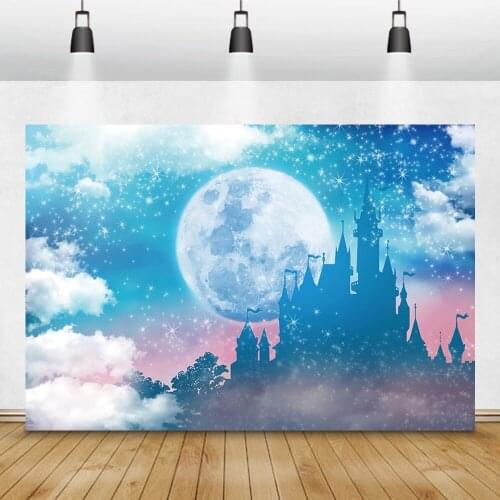 Laeacco Baby Shower Backdrops Blue Sky White Clouds Moon Stars Castle Children Newborn Photography Backgrounds For Photo Studio