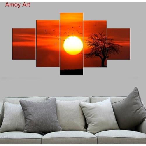 HD Printed 5 piece canvas art Morning Sunrise Birds Tree oil painting bedroom living room decor print poster wall art Landscape