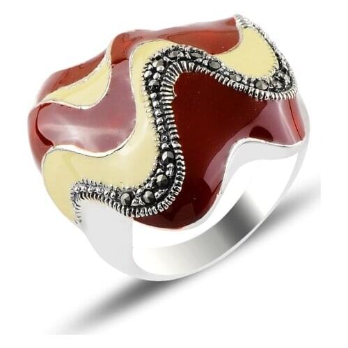 Silver 925 Sterling Enamel & Marcasite Ring