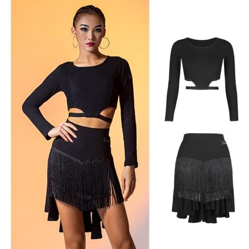 Latin Dance Costumes Women Long Sleeves Black Suit Latin Tops Fringe Skirt Cha Cha Samba Dance Wear Practice Drssses DNV15244