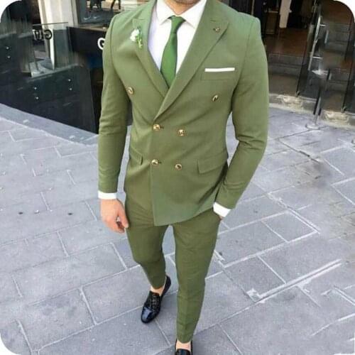 Hot Recommend Double Breasted Olive Green Groom Tuxedos Groomsmen Peak Lapel Mens Suits Blazers (Jacket+Pants+Tie) W:900