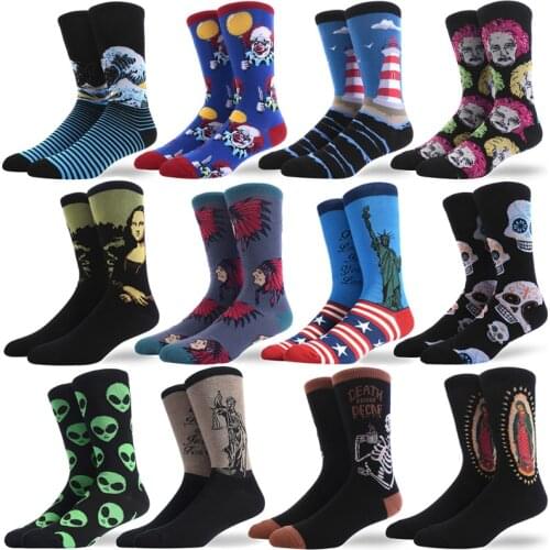 Men Combed Cotton Retro Abstract Oil Painting Art Socks clown Alien Big Size Happy Oil Painting Skateboard Sock