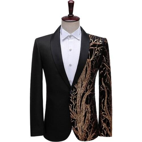Tide Men Gold Sequins Slim Fit Red Black Blazer One Button Shawl Lapel Evening Party Bar Nightclub Show Singer Host Suit Jacket