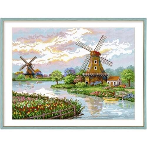 DIY Stamped Printed Cross Stitch Kit,Sets For Embroidery Cross-Stitching Silk Floss Or Cotton Dutch Windmills