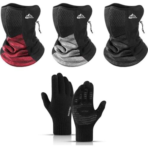 New Winter Warm Mens Cycling Face Scarf +Touch Screen Gloves Outdoor Windproof Thick Elasticity Adjustable Scarves Headgear