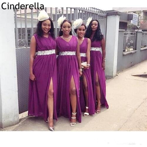 Bridesmaid Dresses 2021 V-Neck Sleeveless Side Slit Chiffon Lace Bridesmaid Dresses With Zipper Back Wedding Party Dresses