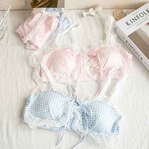 Lovely fresh underwear girl Japanese clients no rims cosine triangular grid cup bra bra and panty set ropa de mujer 2020