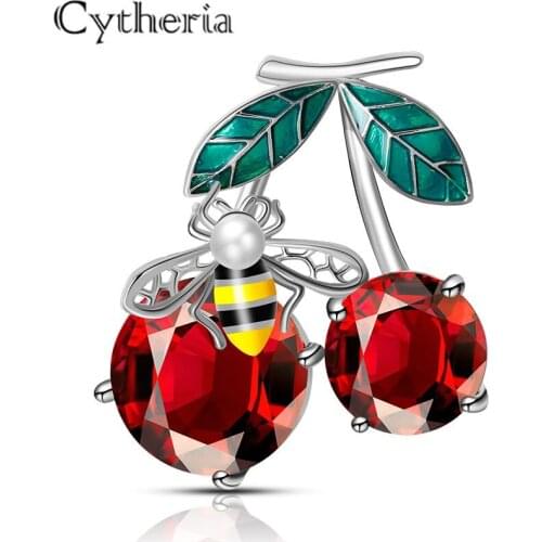 Luxury women copper alloy pins brooches cherry & bee zircon crystal rhinestone brooches party jewelry gifts
