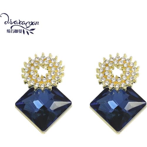 Dvacaman Geometric Diamond Stud Earrings for Women Korean Blue Color Crystal/Rhinestone Earrings Statement Jewelry Wedding Party