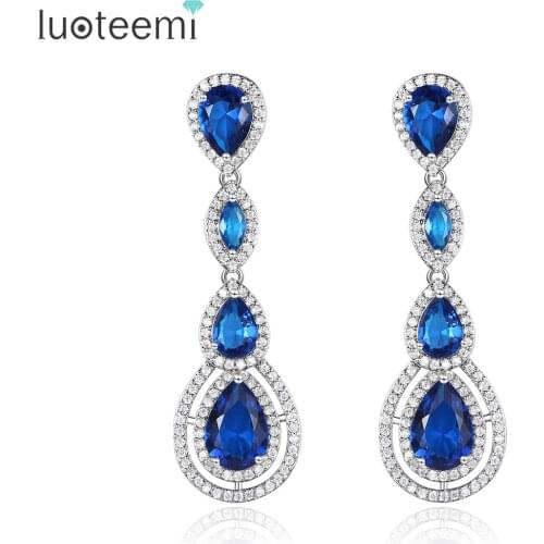 LUOTEEMI Long Water Drop Pendant Earring Two Colors Cubic Zircon Jewelry Engagement Wedding CZ Crystal Clear Skyblue Earrings