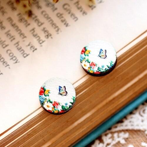 Unique 3D Flower Embossed 16mm Round Coloured Drawing pattern Laser Cut wood Cabochon DIY for Rings, Earring,Brooch,Necklace-343