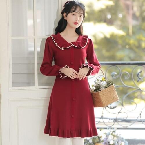 Japanese Christmas Dress Women Spring 2021 New Christmas New Year Red Knitted Dress Female Wood Ear Doll Collar Sweet Cute Skirt